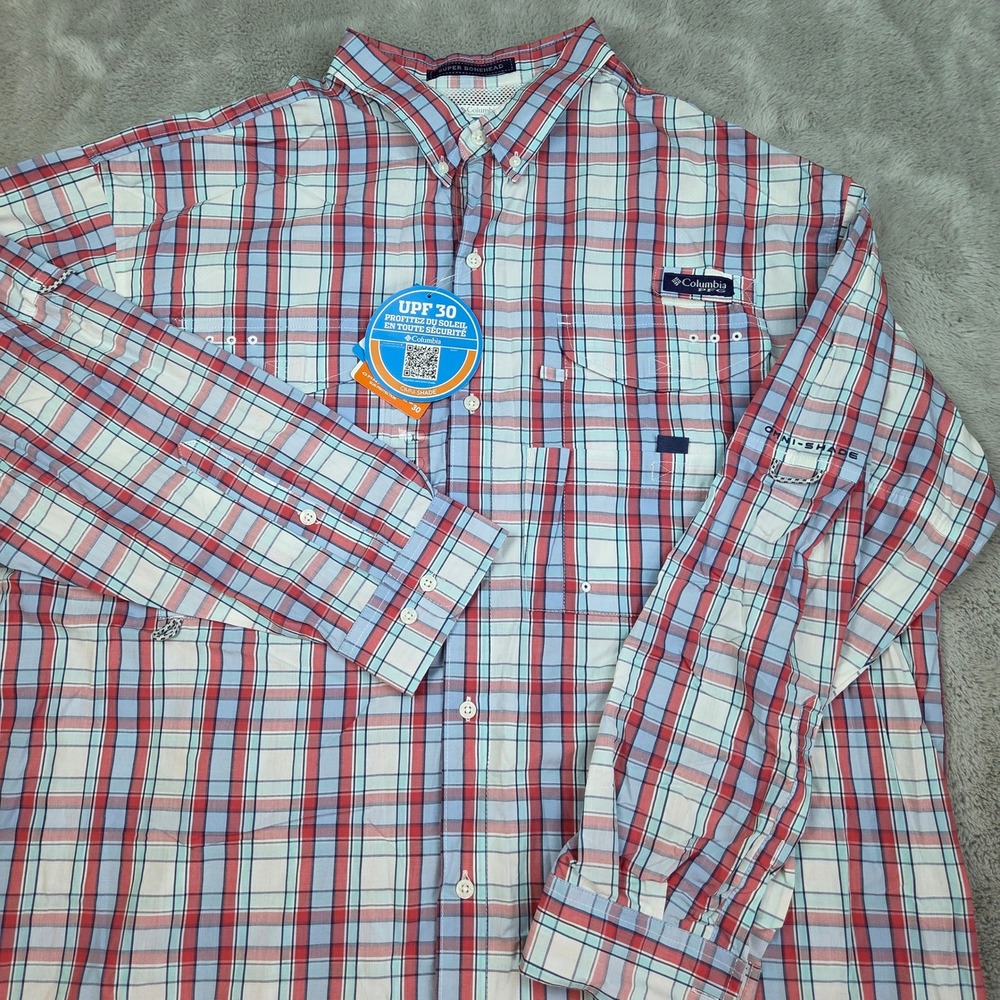 Columbia Super Bonehead Classic Fishing Shirt Mens XL PFG UPF 30 Plaid Red Blue